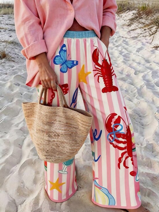 Pants - Pink Boho Women's Casual Vacation Style Striped Lobster Print Loose Pants